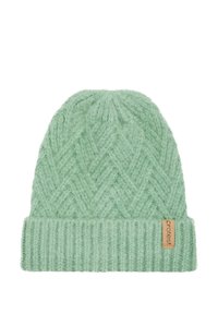 Berretto a maglia verde menta con un motivo a zig zag testurizzato e bordo a coste. Presenta un piccolo etichetta marrone con il testo "protest".