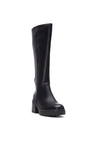 Bota negra de cuero hasta la rodilla con tacón de bloque, textura suave, punta redondeada y un sutil detalle de costura. Suela de goma duradera.