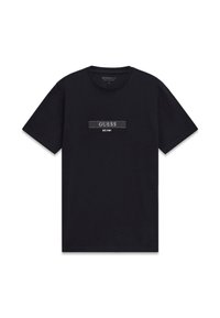 Zwart katoenen T-shirt met korte mouwen, ronde hals, met een horizontale logopatch met "GUESS EST. 1981" in wit en grijs.
