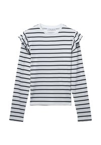 Camicia a maniche lunghe in tessuto bianco con righe orizzontali nere. Presenta dettagli arricciati sulle spalle. Texture morbida, scollatura rotonda.