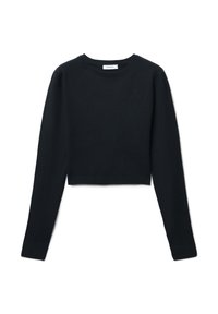Maglione nero corto realizzato in morbido tessuto a maglia. Presenta maniche lunghe e una scollatura rotonda con dettagli a coste all'orlo e ai polsini.
