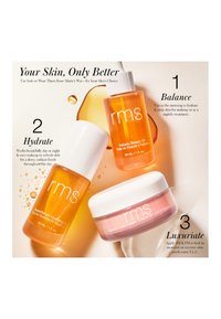 Drei RMS Hautpflegeprodukte: eine orangefarbene Pipettenflasche und zwei Cremetöpfe. Die orangefarbene Flasche hat einen weißen Deckel, während der rosa Topf einen weißen Deckel hat.