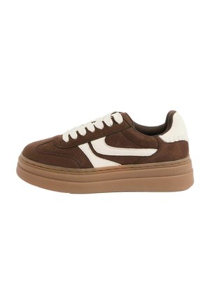 Brown suede sneaker with white side stripe, white laces, white heel patch, and thick light brown sole.