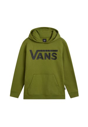 Olivegrüner Hoodie aus weichem Stoff mit einem großen schwarzen "VANS"-Logo, einer vorderen Kängurutasche und einer verstellbaren Kapuze.
