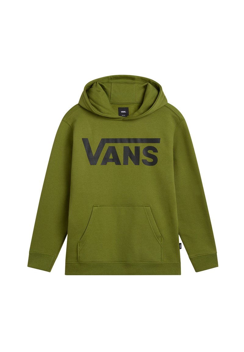 Felpa verde oliva realizzata in tessuto morbido, caratterizzata da un grande logo nero "VANS", una tasca a marsupio frontale e un cappuccio regolabile con cordino.