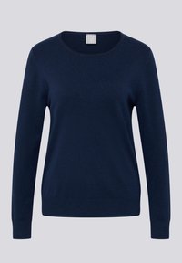 Marineblauer Strickpullover mit langen Ärmeln, Rundhalsausschnitt und geripptem Saum sowie Bündchen. Glatte Textur ohne sichtbare Muster oder Verzierungen.