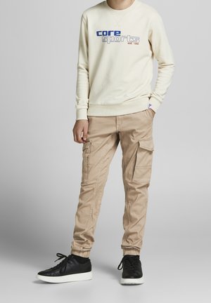 Personne portant un sweat crème avec le texte « Core Sports », un pantalon cargo beige et des baskets noires, debout devant un fond gris.