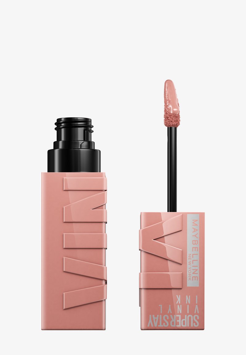 Maybelline Superstay Vinyl Ink in einem rechteckigen, rosa Kunststoffrohr mit einem schwarzem Applikator-Stick und einer weichen, glänzenden Spitze; elegantes Logodetail.