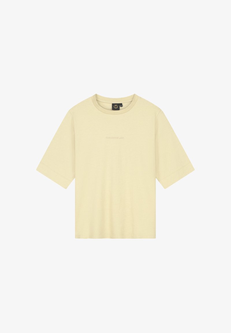 Korte mouwen crew neck t-shirt in lichtgele katoen. Voorzien van een subtiel logo in dezelfde kleur op de voorkant. Klassieke relaxte pasvorm.