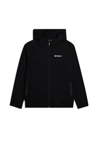 Sudadera con cremallera negra, con un acabado texturizado, capucha ajustable, bolsillos laterales con cremallera y un pequeño logo blanco en el pecho.