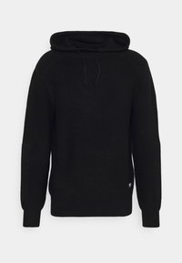 Sweat à capuche en maille noire avec une grande capuche, des cordons de serrage à l'avant, des manches longues et des poignets côtelés. Présente un petit logo à l'ourlet.