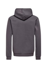 Sweatshirt à capuche gris avec une texture douce, des manches longues et une poche kangourou. Finition lisse avec des poignets et un ourlet côtelés.