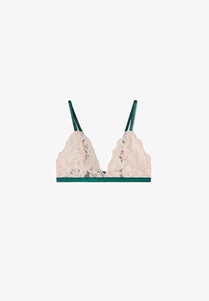 Kant bralette in lichtroze met bloemenpatroon, voorzien van groene satijnen bandjes en onderband. Zachte textuur, driehoek ontwerp, verstelbare bandjes.