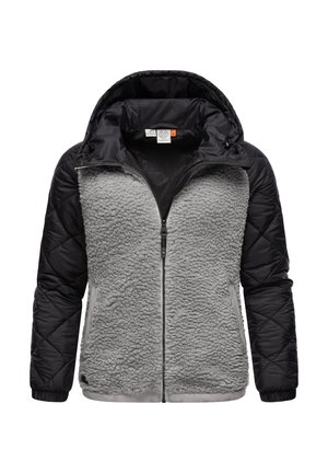 Veste en polaire grise avec un tissu matelassé noir, une capuche, une fermeture éclair à l'avant et des poignets élastiques. Le corps a une finition texturée et douce.