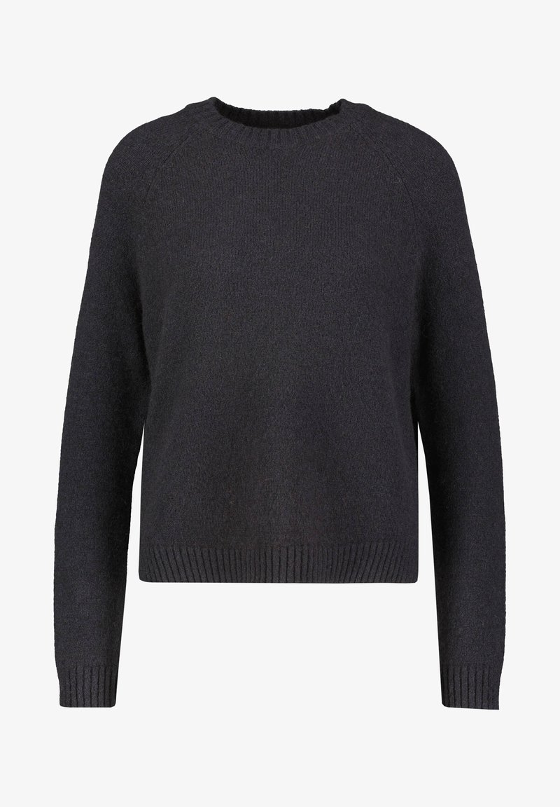 Black knitted sweater with a crew neckline, ribbed cuffs, and hem. Features a soft texture and relaxed fit. No visible patterns or accents.