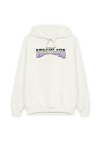 Krémová mikina s kapucí vyrobená z měkké látky, s grafickým potiskem, který zahrnuje texty "KAOTIKO SOCIETY" a "DREAMLAND" v purpurové a černé barvě.