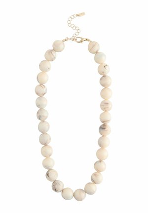 Round beige marbled beads necklace with gold lobster clasp and adjustable chain on a white background.