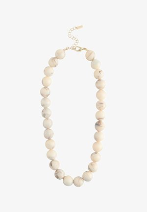 Round beige marbled beads necklace with gold lobster clasp and adjustable chain on a white background.