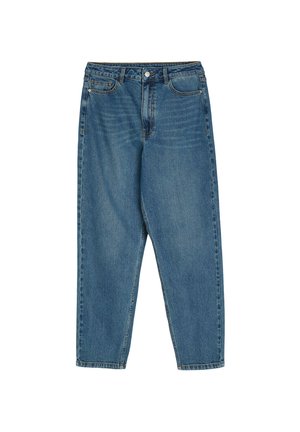 Niebieskie jeansy z wysokim stanem, wykonane z denimu, z prostymi nogawkami, pięcioma kieszeniami i zapięciem na guziki.