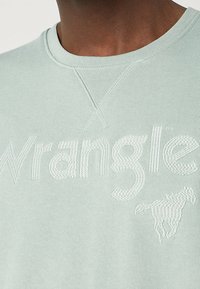 Felpa verde chiaro con il testo "Wrangler" e un logo a forma di cavallo, caratterizzata da un collo rotondo e cuciture dettagliate.