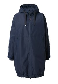 Parka impermeable color azul marino con capucha, cordones ajustables, cierre de cremallera completo, dos bolsillos laterales y dobladillo y puños elásticos.