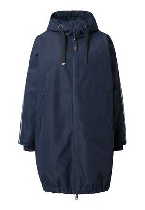 Parka imperméable bleu marine avec capuche, cordons de serrage ajustables, fermeture à zip intégral, deux poches latérales, et ourlet et poignets élastiques.