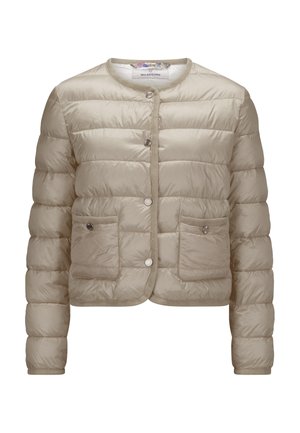 Beige gesteppte Pufferjacke mit rundem Ausschnitt, Frontknöpfen, zwei vorderen Taschen und satinierter Oberfläche. Ausgestattet mit kontrastierenden Besätzen.