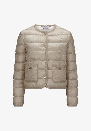 Beige gesteppte Pufferjacke mit rundem Ausschnitt, Frontknöpfen, zwei vorderen Taschen und satinierter Oberfläche. Ausgestattet mit kontrastierenden Besätzen.