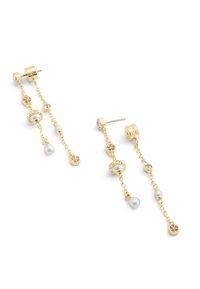 Gold-tone dangle earrings featuring circular pearl and crystal accents, connected by delicate chains, with stud backings for secure wear.