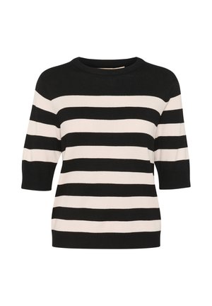 Zwart en crèmekleurig gestreepte trui met korte mouwen, ronde halslijn en een gladde textuur. Heeft brede horizontale strepen voor patroon detail.