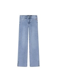 Ljust blå denim jeans med vida ben och hög midja, framfickor och sprund i fållen för extra designdetaljer.