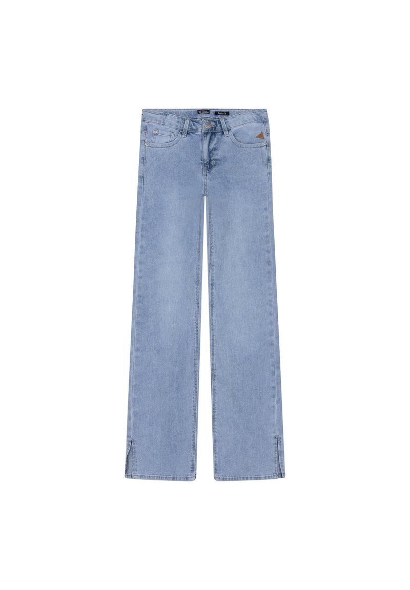 Ljust blå denim jeans med vida ben och hög midja, framfickor och sprund i fållen för extra designdetaljer.