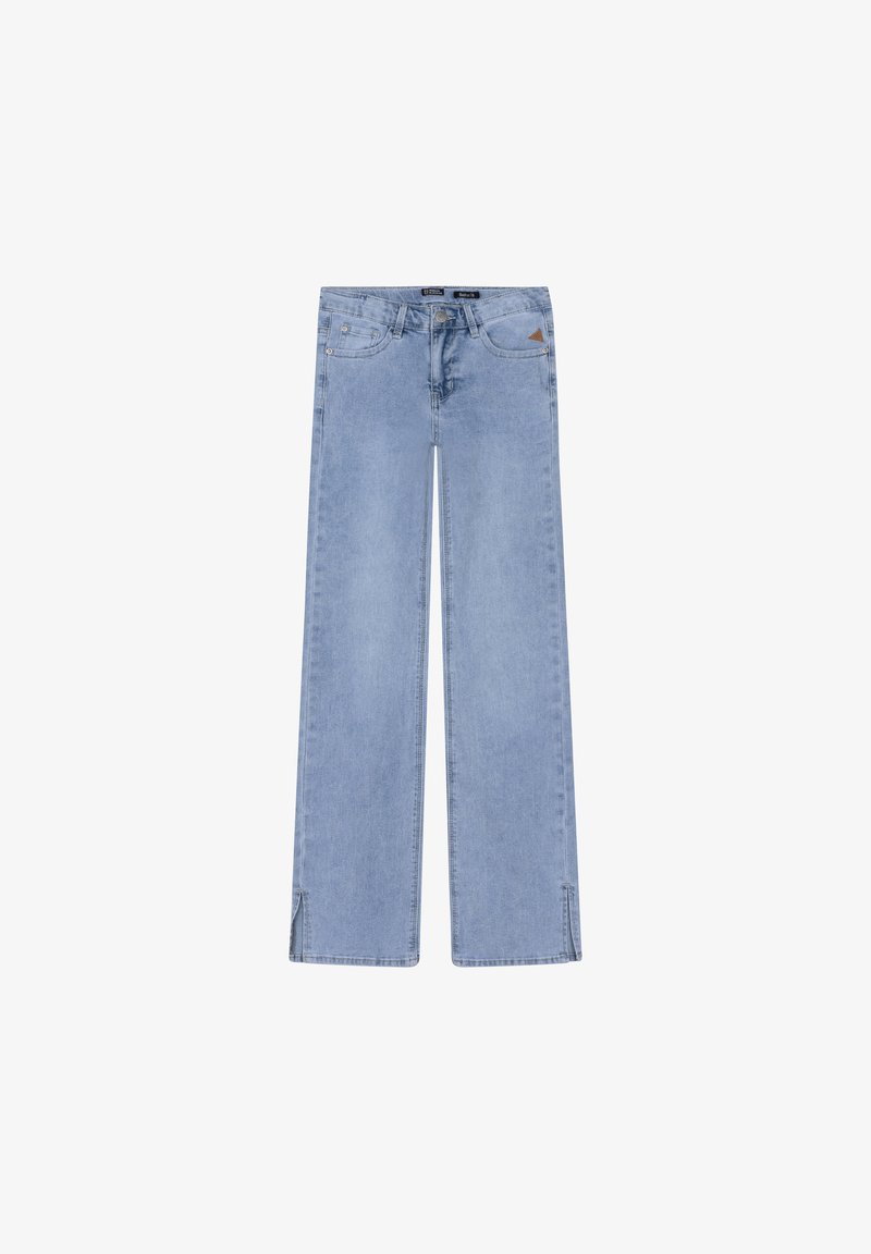 Ljust blå denim jeans med vida ben och hög midja, framfickor och sprund i fållen för extra designdetaljer.