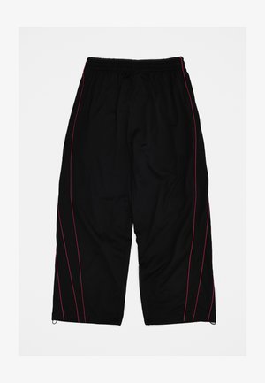 Črne atletske hlače z ohlapnim krojem, mrežastim materialom in kontrastnimi roza bočnimi črtami. Elastičen pas z vrvico za prileganje.