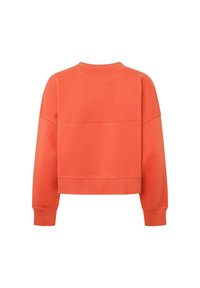 Oranžová zkrácená mikina s kulatým výstřihem, spadlými rameny a žebrovanými manžetami. Měkký materiál s čistým, minimalistickým designem.