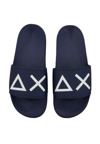 Navy slide sandals with a smooth synthetic upper feature large white geometric symbols (triangle, cross, and square) on the straps.