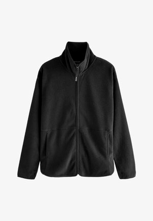 Chaqueta polar negra con cremallera completa, cuello alto, dos bolsillos delanteros y agujeros para los pulgares en los puños, mostrada sobre un fondo blanco.