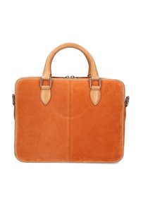 Sac en daim orange avec poignées en cuir, de forme rectangulaire, fermeture éclair sur le dessus et accents en métal. Texture lisse avec des détails de coutures.