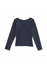 Granatowa bluzka z długim rękawem i okrągłym dekoltem, wykonana z miękkiego, elastycznego materiału. Charakteryzuje się prostym wzornictwem i gładką teksturą.