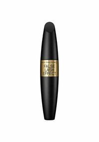 Sort mascara-rør med en rund top. Har en guld etiket med teksten "Max Factor X False Lash Effect." Glat mat overflade, strømlinet design.
