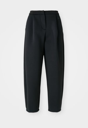 Black trousers made from a smooth fabric, featuring a tailored waistband, pleated front, and tapered leg with cuffed hems.