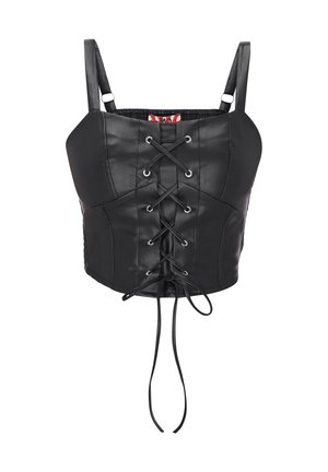 Musta tekonahkainen lyhyt toppi, jossa säädettävät olkaimet ja edessä nyöritys koristeellisilla silmukoilla ja pitkillä nauhoilla.