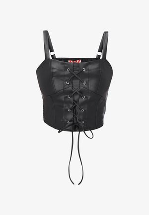 Musta tekonahkainen lyhyt toppi, jossa säädettävät olkaimet ja edessä nyöritys koristeellisilla silmukoilla ja pitkillä nauhoilla.