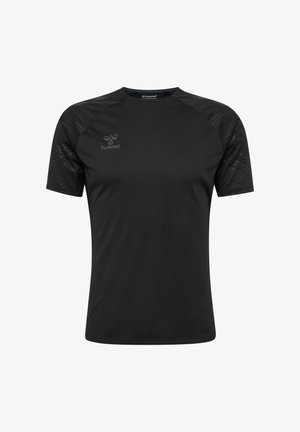 Zwarte sport T-shirt met korte mouwen, gemaakt van een soepele stof en voorzien van een subtiel gestreept patroon op de schouders en een klein logo op de borst.