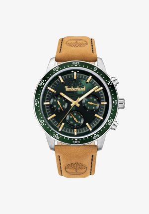Uređaj marke Timberland sa zelenim brojčanikom, zlatnim akcentima, funkcijama hronografa i svijetlosmešanim kožnim remenom s utisnutim logom.