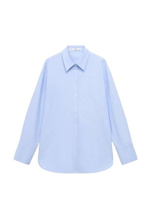 Light blue long-sleeve shirt with a button-down collar, single chest pocket, and a relaxed fit. Smooth fabric texture and classic design.