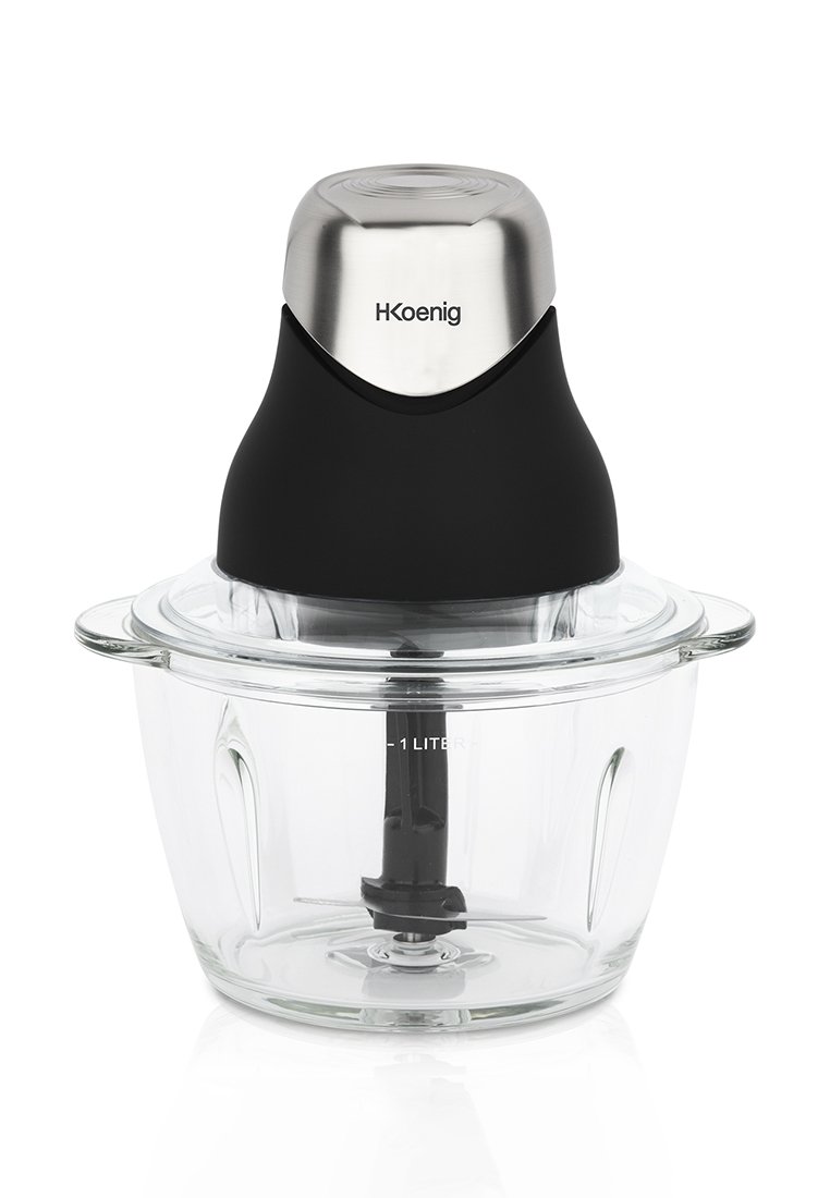 H.Koenig hachoir alimentaire avec un dessus en acier inoxydable brillant et une base en plastique noir, présentant un bol en verre transparent marqué d'1 litre.
