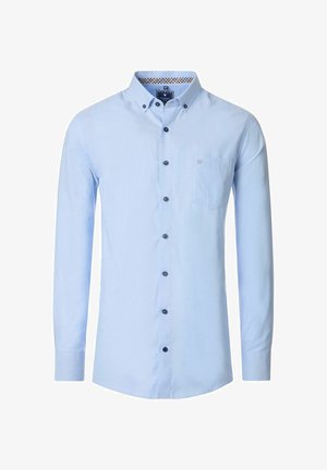 Jasnoniebieska koszula z długim rękawem, zapinana na guziki, z wzorzystym kołnierzykiem, posiadająca jedną kieszeń na piersi oraz czarne guziki wzdłuż listewki.