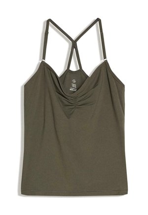 Olivovo zelený tielkový top bez rukávov s nariaseným predným detailom a tenkými nastaviteľnými dvojitými ramienkami vytvárajúcimi Y-tvar na zadnej strane.