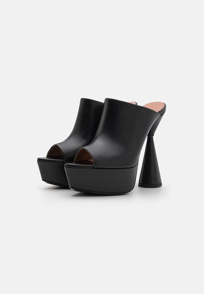 Black leather open-toe clogs with a high cone-shaped heel and platform sole. Smooth texture with a sleek, minimalist design.
